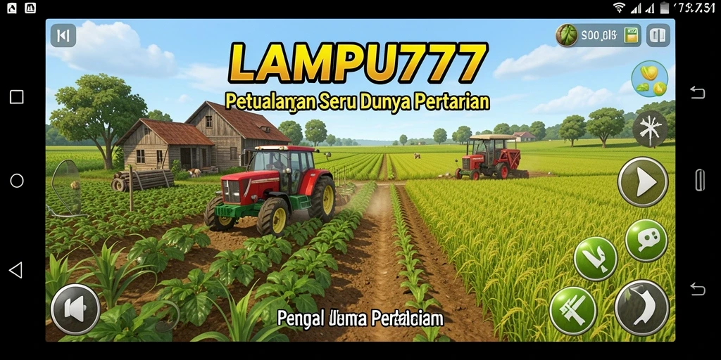 Tampilan gameplay LAMPU777 dengan ladang dan hewan lucu.