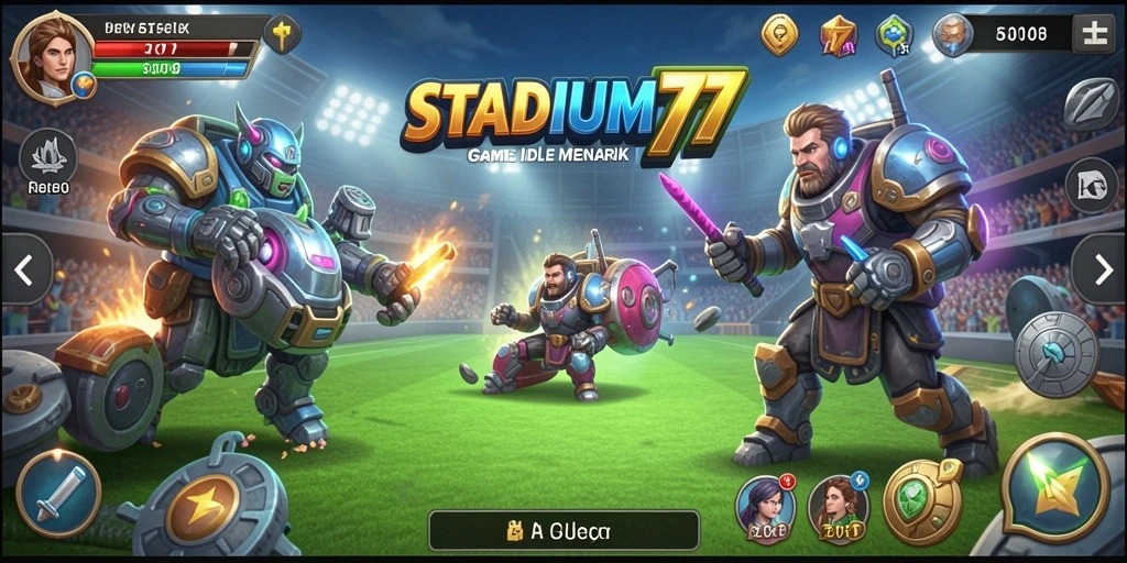 Tampilan gameplay STADIUM77 dengan stadion yang berkembang dan penuh warna.